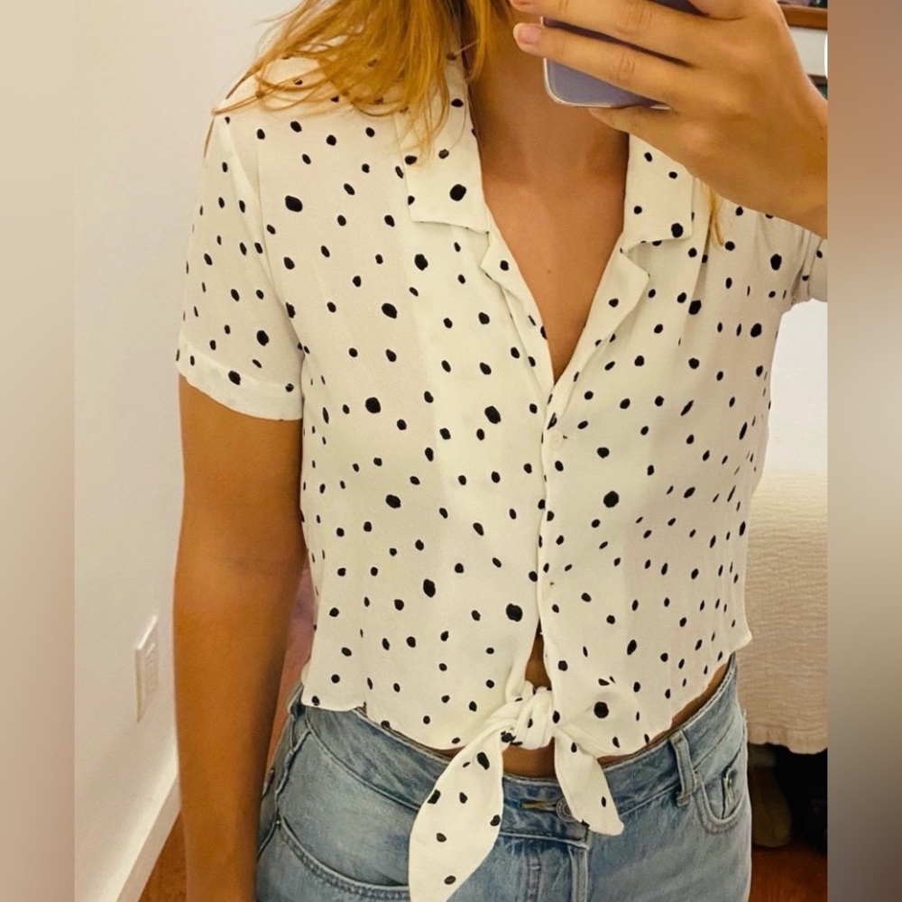 MOD REF Polka Dot Tie-Front Blouse